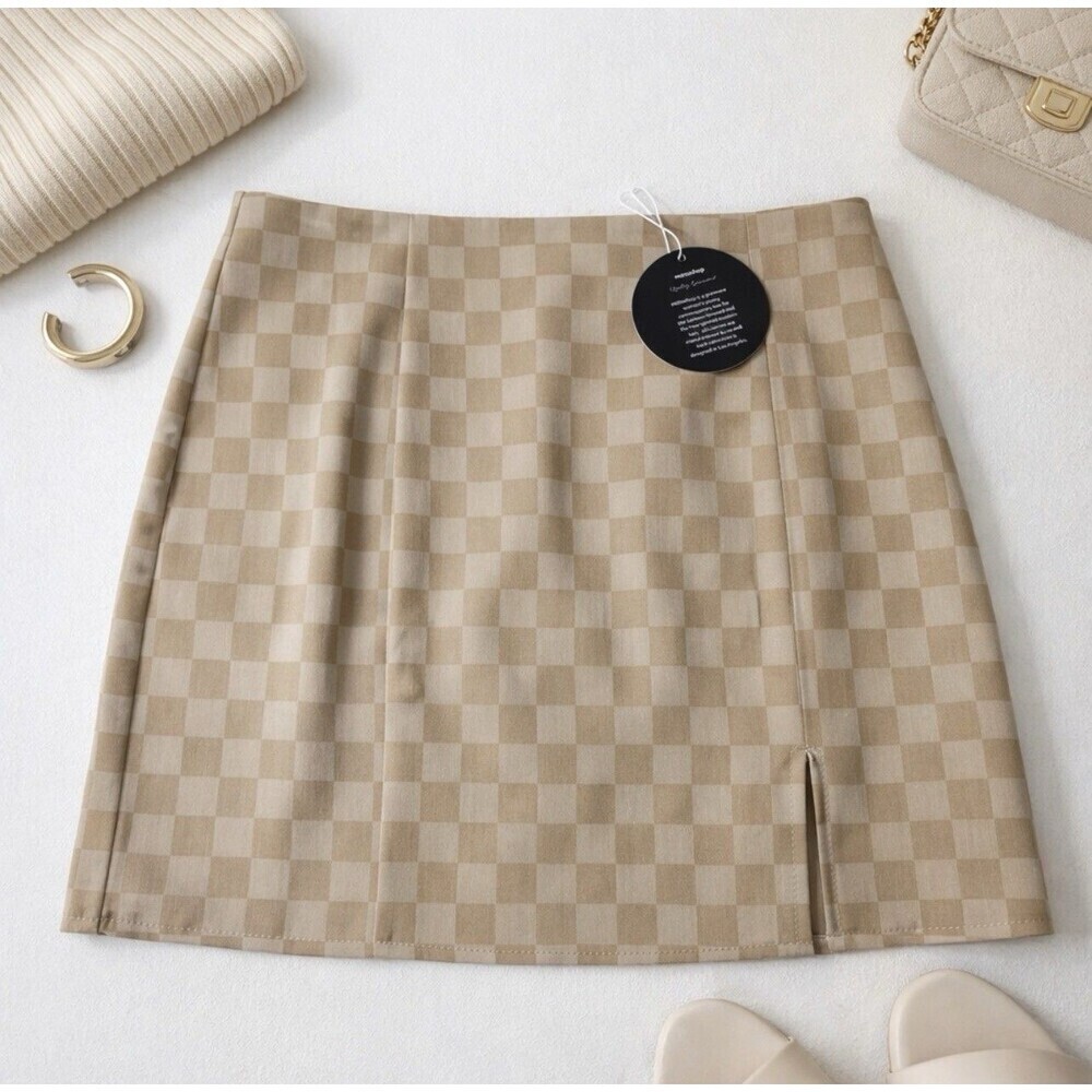 New Mittoshop Beige Tan Checkered Mini Skirt Neutral Plaid Preppy Old Money Med